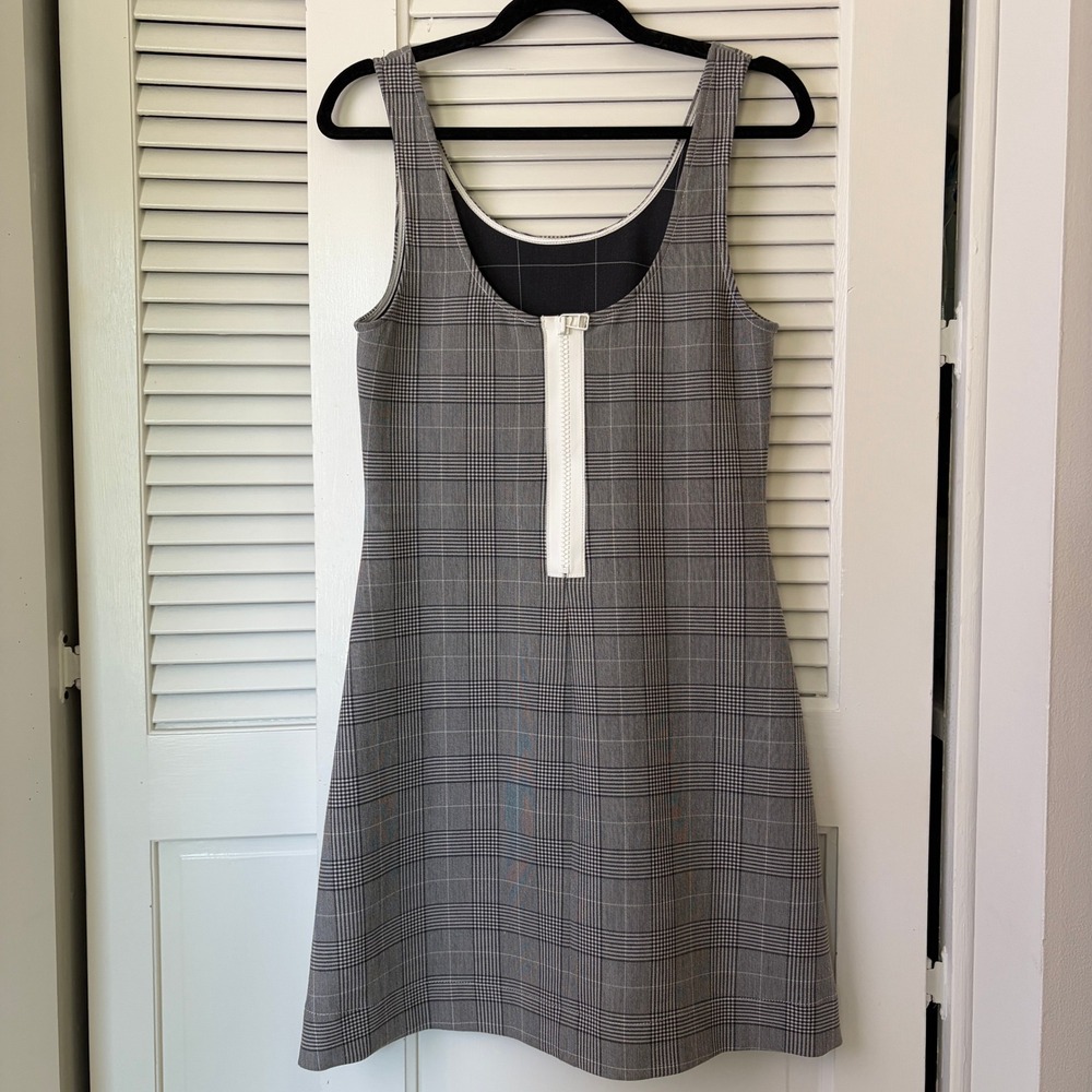 Ganni Garvey Gray Plaid Mini Dress Size 38/6 Scoop Neck Exposed Back Zip Shift - Picture 2 of 7